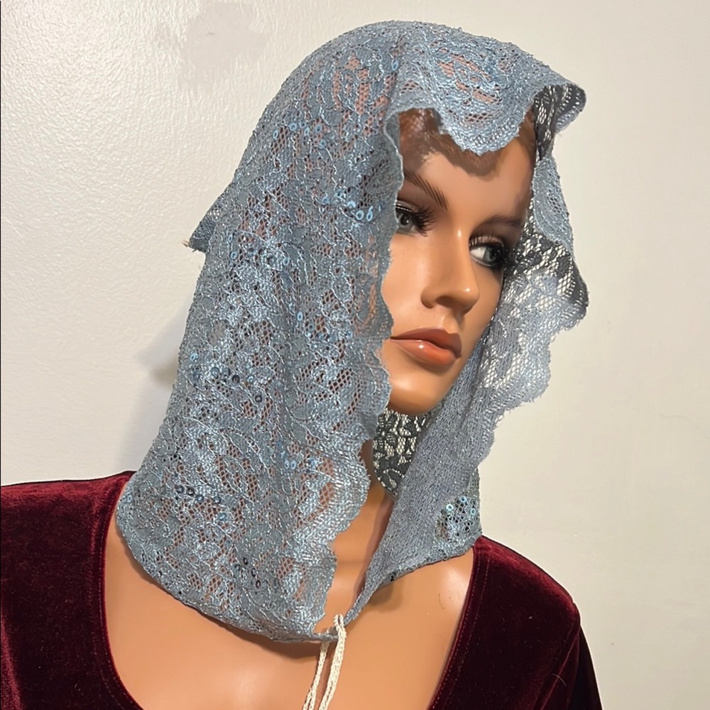 Lace Blue Hooded  Mantilla Veil French style Hood Wrap One Size
